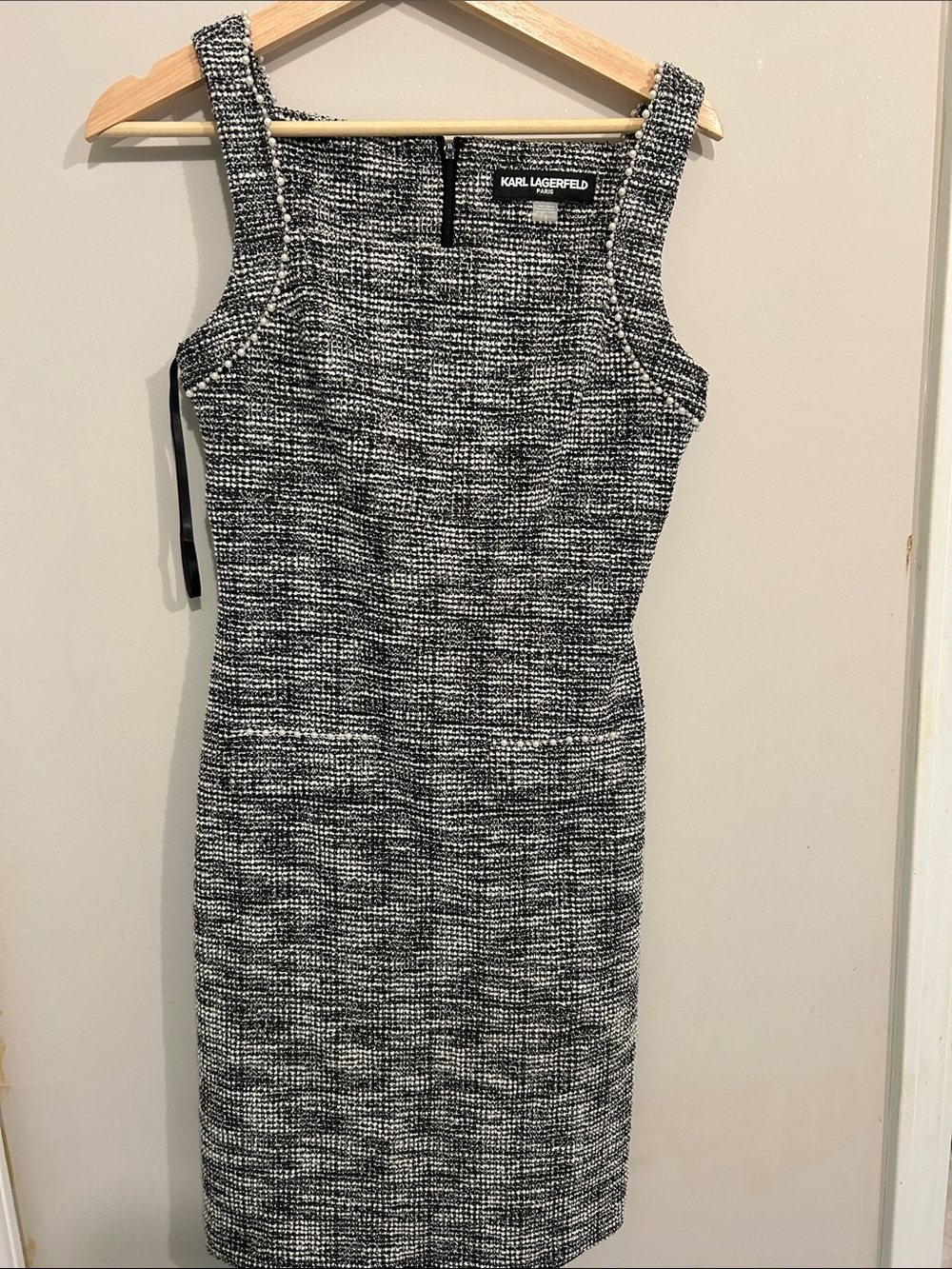 Karl Lagerfeld Black and White Tweed Sheath Dress with Square Neck